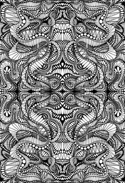 Dibujo para colorear patrón de mandala abstracto, línea de laberinto de adornos. Tarjeta de estilo psicodélico con fractal. Ilustración vectorial Fondo tribal antiestrés. Textura fantasía en blanco y negro . — Archivo Imágenes Vectoriales