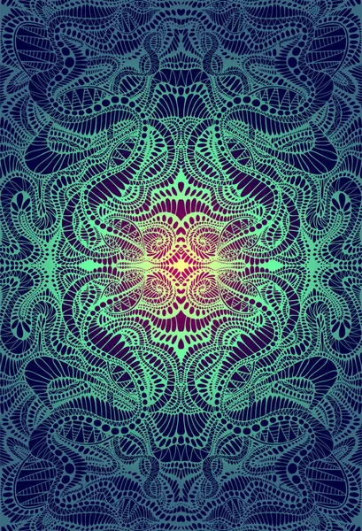 Psychedelic trippy renkli fraktal mandala, degrade sarı, turkuaz parlak renk anahat, koyu arka plan üzerinde. Dekoratif eleman çiçek deseni. Vektör el çizilmiş şamanik soyut arka plan. — Stok Vektör