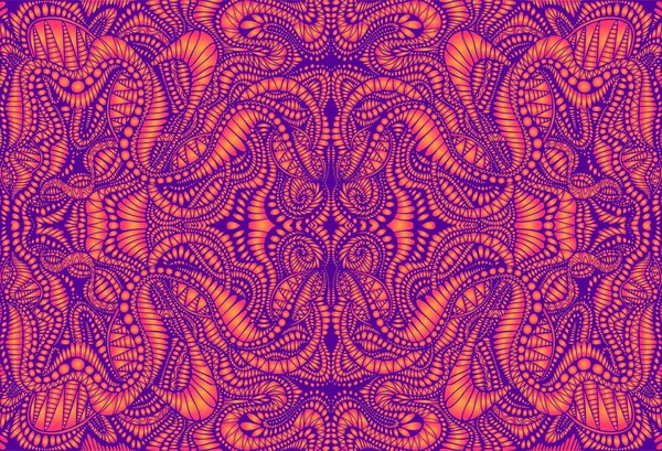 Vinobraní psychedelický tryppi barevný fraktální vzorec. Gradient neonové fialové, oranžové barvy. Dekorativní surrealistická abstraktní mandalová s bludištěm ozdobných shamánských fantazií. Vektorová ilustrace. — Stockový vektor