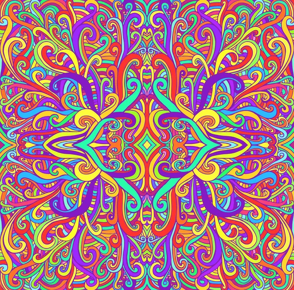 Mandala coloré psychédélique vibrant, fond d'ornement vagues. Motif abstrait décoratif, fleur d'ornement ondulé texture. Illustration vectorielle bohème . — Image vectorielle