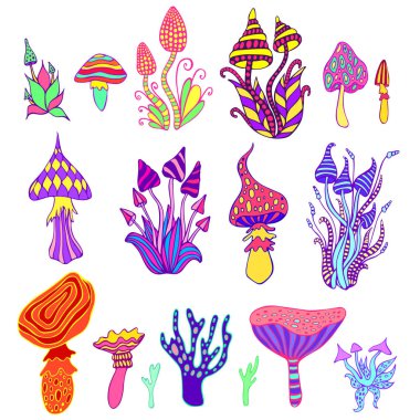 Büyük set psychedelic sanatsal soyut trippy mantar, beyaz ba