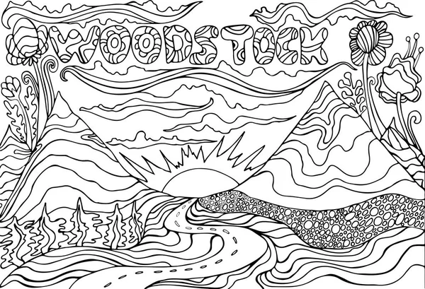 Coloring page with the inscription Woodstock, and landscape with — Stock Vector