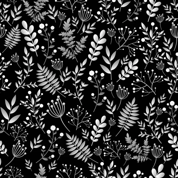 Modèle de fleurs abstraites sans couture, plantes gradient gris blanc sur fond noir. Fleurs et plantes décoratives originales . — Image vectorielle