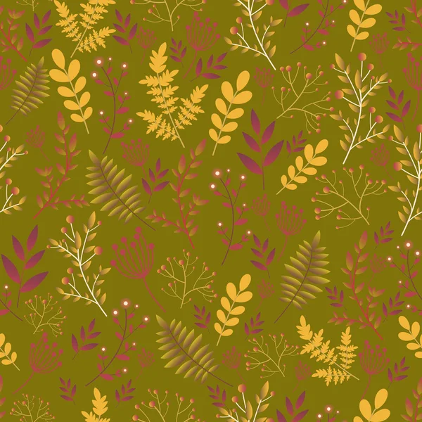 숲 야생 꽃 원활한 꽃 패턴입니다. 장식 꽃과 식물, 진홍색 보라색 먼지 가루 갈색 그라데이션 색상, 카키 색 배경에 고립. — 스톡 벡터