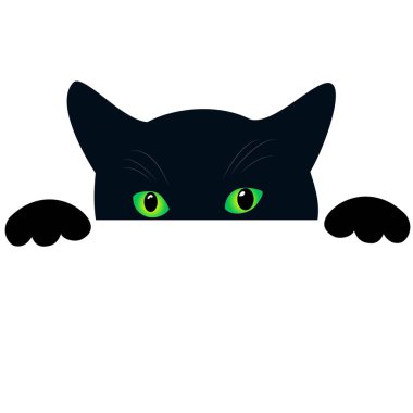 Cute black cat face with green eyes peekings. Isolated white background. Curious funny cat hides and peeps, creative design pattern. vector Cute black cat face with green eyes peekings. Isolated white background. Curious funny cat hides and peeps, creative design pattern. vector