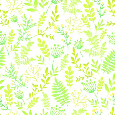 Yapraklar ve çiçekler ile dikişsiz desen. Botanik çiçek fon, nazik romantik, naif yabani çiçekler, bahar, yaz saati, çiçek doğa. Orijinal çiçek vektör dokusu