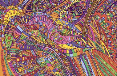 Psychedelic renkli gerçeküstü doodle desen. Gökkuşağı renkleri abst