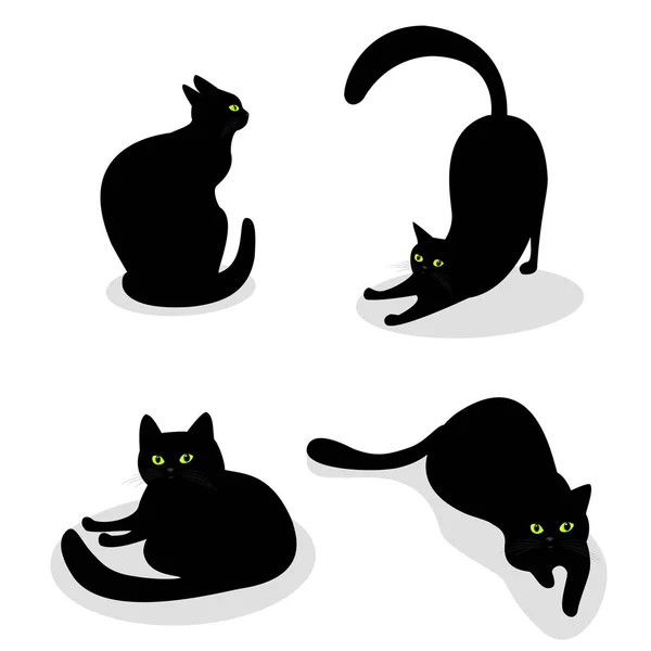 Conjunto com gatos pretos com olhos verdes em diferentes poses. Isolado em fundo branco. Coleta de vetores com animais. Silhueta preto gatos desenho animado estilo . —  Vetores de Stock