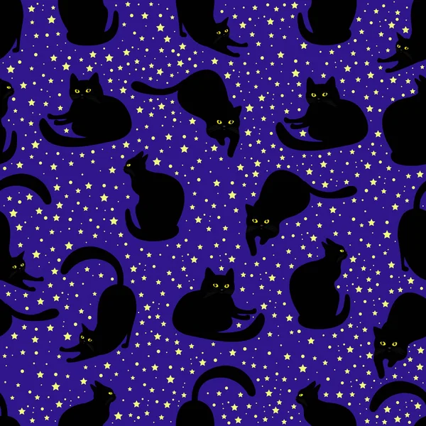 Gato preto em diferentes poses em um fundo de estrelas e fundo azul escuro, padrão sem costura bonito. Textura surreal vetorial com animais. Desenhos animados cósmico gato fundo . — Vetor de Stock