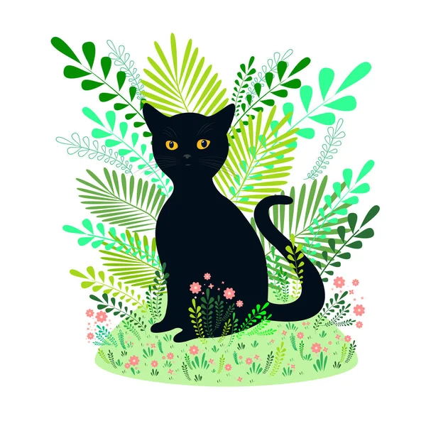 Bellissimo gatto nero siede su uno sfondo di fiori, erba, piante, sfondo bianco isolato. Manifesto vettoriale fantasy con animali, stile cartone animato. Carta gatto originale . — Vettoriale Stock