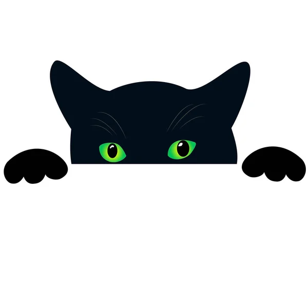 Cara de gato preto bonito com olhos verdes espreitadelas. Fundo branco isolado. Gato engraçado curioso esconde e espreita, padrão de design criativo . —  Vetores de Stock