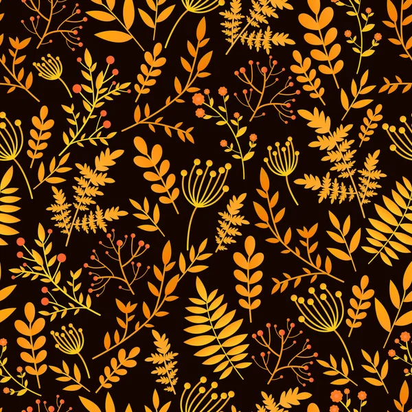 골드, 빨간 잎과 식물 다채로운 원활한 패턴. 밝은 꽃 벡터 장식 장식. 가을 식물 질감. — 스톡 벡터