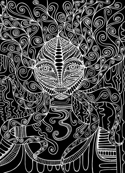 Xamã de espírito preto e branco. Surreal fantasia mulher doodle . — Vetor de Stock