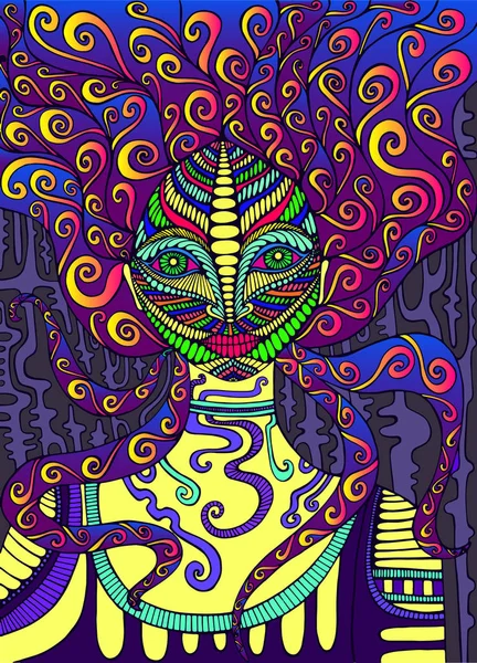 Diosa psicodélica, colores brillantes. Surrealista fantasía doodle artwo — Vector de stock