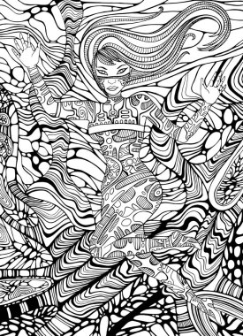 Psychedelic cyberpunk kız yetişkin boyama sayfası. Çizgi sanatı doodle'ı 
