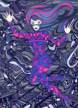 Psychedelic renkli cyberpunk kız. Gerçeküstü fantezi doodle stil