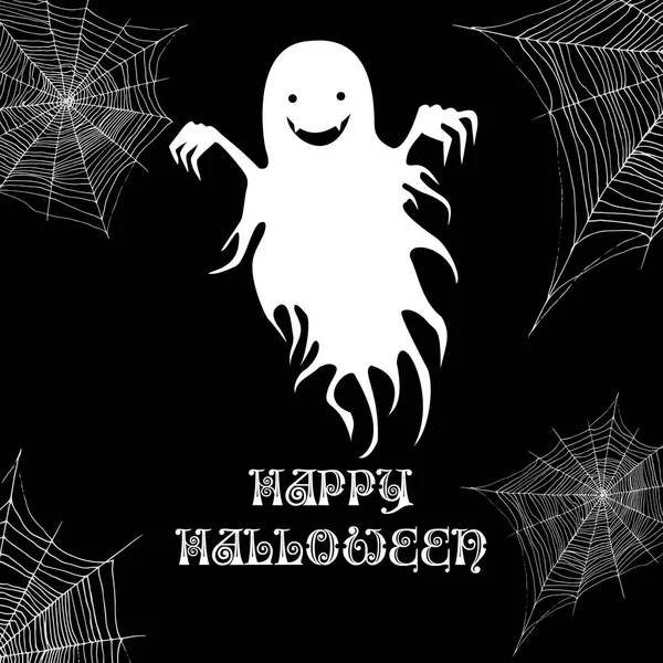 Ghost och spindelnät, happy halloween bakgrund. Vektor tecknad sjuk — Stock vektor