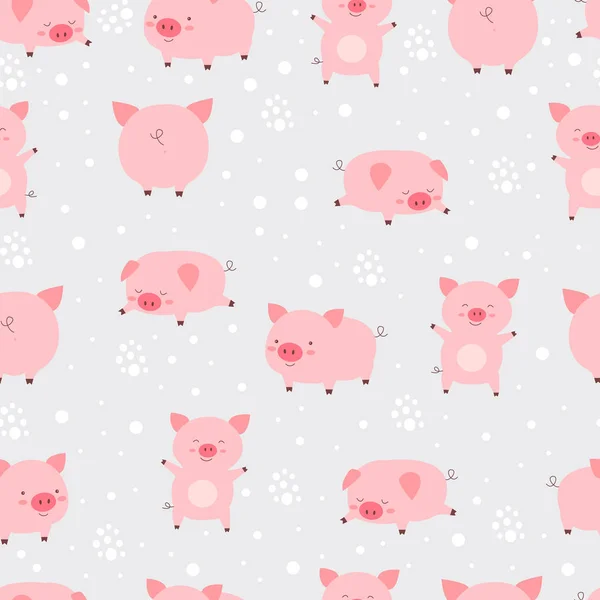 Безшовний візерунок веселих милих маленьких милих свиней у снігу. Мультфільм — стоковий вектор