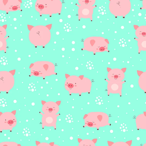 Sömlösa mönster funy små söta grisar i snö. Tecknad djur v — Stock vektor