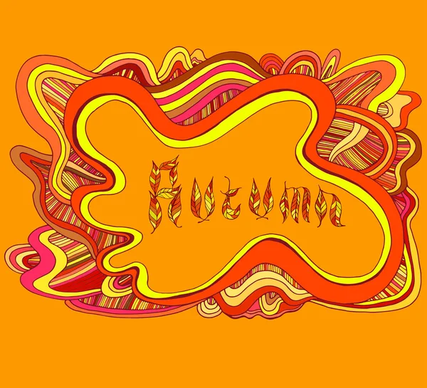 Parola d'autunno con elementi Doodle, e cornice d'onda colorata, orang — Vettoriale Stock