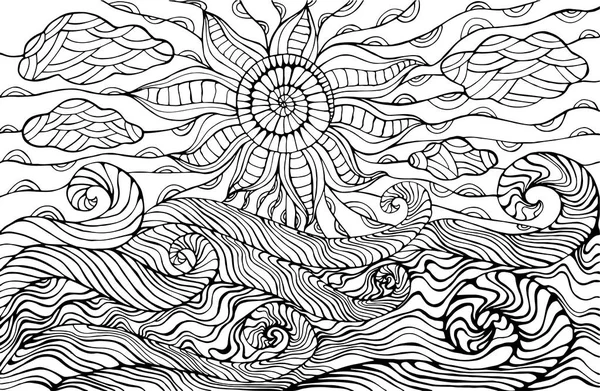 Doodle güneş, bulutlar ve okyanus dalgaları çocuklar için boyama sayfası bir — Stok Vektör