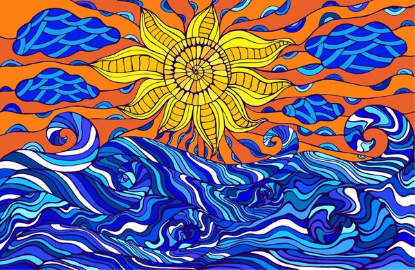 Kolorowe Doodle słońce, chmury i fale oceanu. Fantastyczne surrealistyczne s — Wektor stockowy