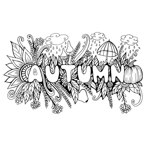 Cartoon Autumn Word com elementos Doodle abóbora, cogumelo, flo —  Vetores de Stock