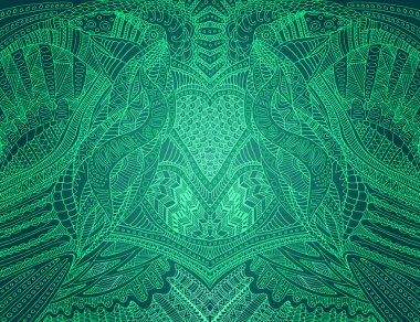 Soyut dekoratif desen, zümrüt renk paleti hattı anahat, izole akuamarin arka plan. Şık kart, vintage grafik tasarım. Psychedelic yaratıcı süs sanatı çerçevesi vektör el çizimi