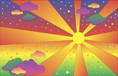 Güneş ve bulutlar ile Retro hippi tarzı psychedelic manzara, st