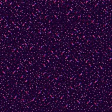 Psychedelic renkli soyut şekiller konfeti, yıldız, nokta dikişsiz desen. Vektör vintage tasarım parlak noktalar gradyan renkler arka plan. Memphis tarzı doku sanatı.