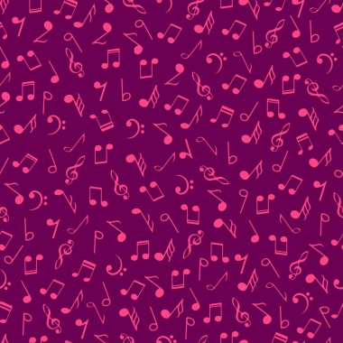 Renkli müzik notaları kusursuz desen, kırmızı renk. Soyut vektör doku müzikal semboller. Müzik tarzı karikatür konu