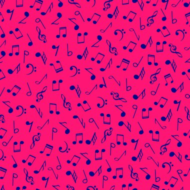 Renkli müzik notaları sorunsuz desen. Mavi renkler pembe arka planda simbols. Soyut vektör doku müzikal semboller tiz clef, oktav.
