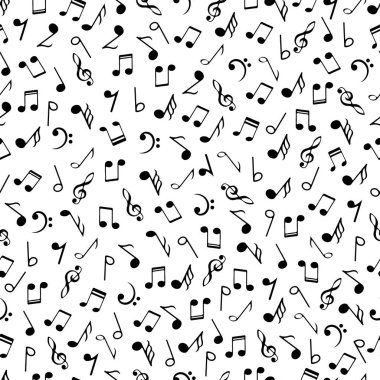 Müzik notaları siyah ve beyaz dikişsiz desen. Tek renkli renkler arka plan. Soyut vektör doku müzikal işareti.