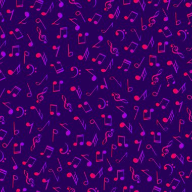 Parlak müzik dekoratif notlar sorunsuz desen. Degrade pembe ve mor renkler koyu mor arka plan üzerinde simbols. Soyut vektör doku sanat müzikal semboller 