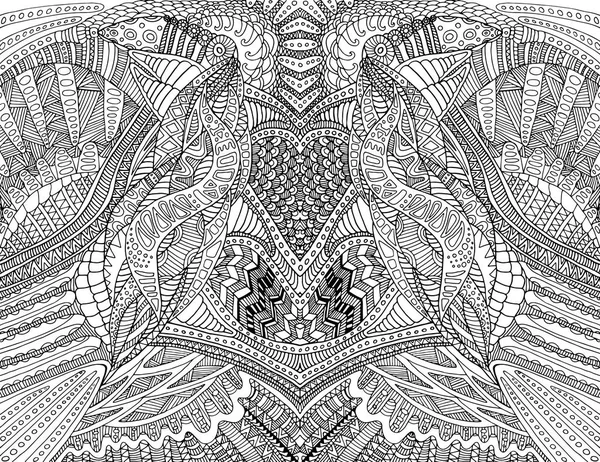 Coloring page abstract pattern, maze of ornaments. Psychedelic stylish card. Vector hand drawn illustration Antistress psychedelic tribal background. Black and white symmetrical decorative. — Stock Vector