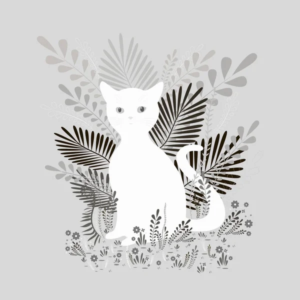 Gato branco bonito sentar em folhagem e flores, em tons de cores cinza, fundo isolado. Ilustração vetorial decorativa com animal. Desenhos animados monocromáticos estilo plano, cartão com um gato . —  Vetores de Stock