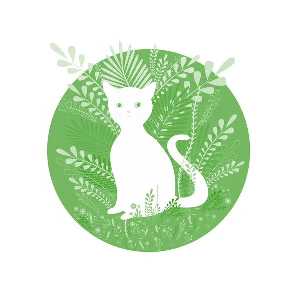 Lindo gato blanco sentado en follaje y flores, en tonos de colores verdes, aislado sobre fondo blanco. Colorida ilustración vectorial decorativa con animal. Dibujos animados estilo plano, tarjeta con un gato . — Vector de stock