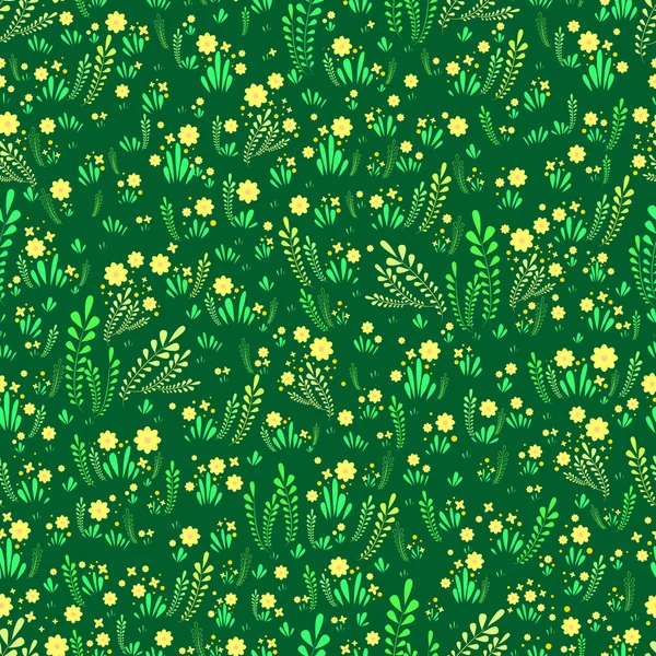 필드 야생 화 원활한 꽃 패턴입니다. 녹색 배경에 밝은 장식 노란색 꽃과 식물. 원래 꽃 벡터 텍스처. — 스톡 벡터
