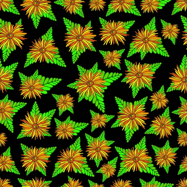 橙花和植物无缝质感。花卉色彩缤纷的幻想饰品。原始矢量花卉艺术图案. — 图库矢量图片