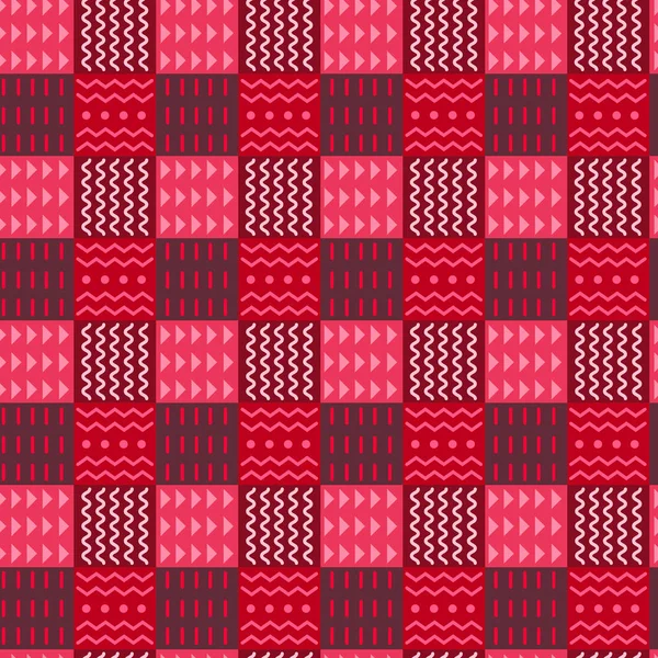 Éléments colorés de motif sans couture à carreaux tribaux, divisés en décorations carrés avec des couleurs rouges demi-teinte, style ethnique, fond élégant. Texture décorative vectorielle . — Image vectorielle