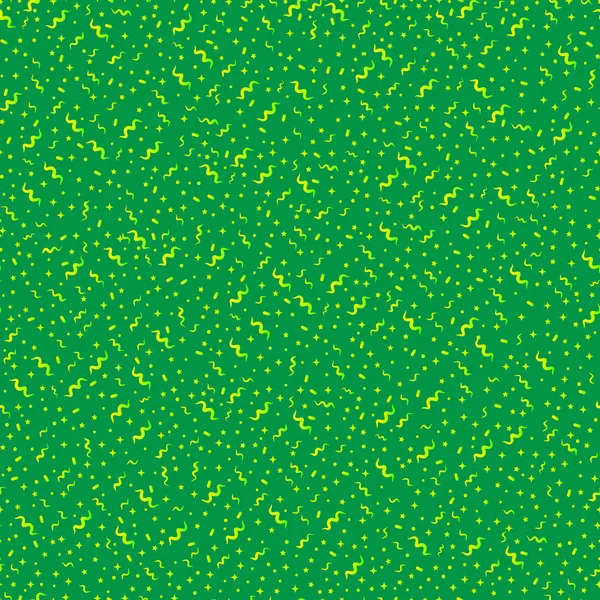 Modèle abstrait sans couture avec différents éléments. Texture de couleurs vertes avec points, étoiles, ligne sur fond vert foncé. Art de fond confettis stylisés . — Image vectorielle