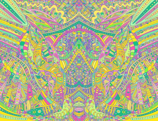 Rainbow psychédélique motif symétrique coloré. Texture décorative abstraite fantastique avec labyrinthe de gribouillis d'ornements. Vecteur dessiné à la main illustration lumineuse . — Image vectorielle