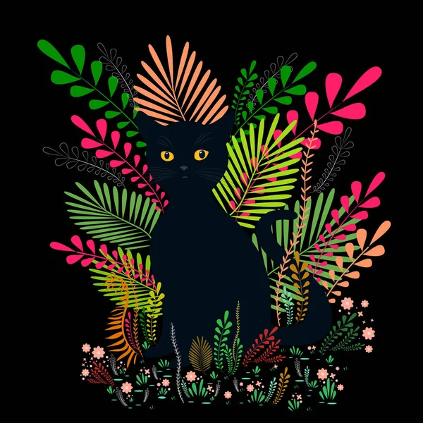 Άγρια μαύρη γάτα με κεχριμπαρένια μάτια, κάθεται σε ένα πολύχρωμο φύλλωμα και λουλούδια, που απομονώνονται σε μαύρο φόντο. Διακοσμητική διανυσματική απεικόνιση με ζώο. Φανταστικό στυλ κινουμένων σχεδίων, όμορφη αφίσα. — Διανυσματικό Αρχείο