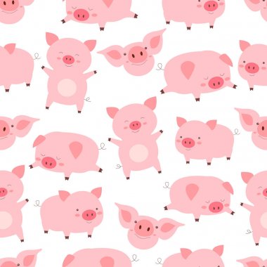 Dikişsiz kawaii desen neşeli küçük sevimli domuzlar, farklı 