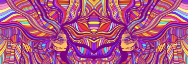 Psychedelic colorfool fantezi Caleidoscope kızlar. Fantastik gerçeküzeri kadınlar ile vektör el çizilmiş illüstrasyon. Yaratıcı Doodle tarzı soyut doku. 