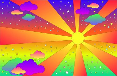 Güneş ve bulutlar, yıldızlar ile Vintage psychedelic manzara. Vektör karikatür parlak degrade renkleri arka plan. Hippi tarzı sanat peyzaj.
