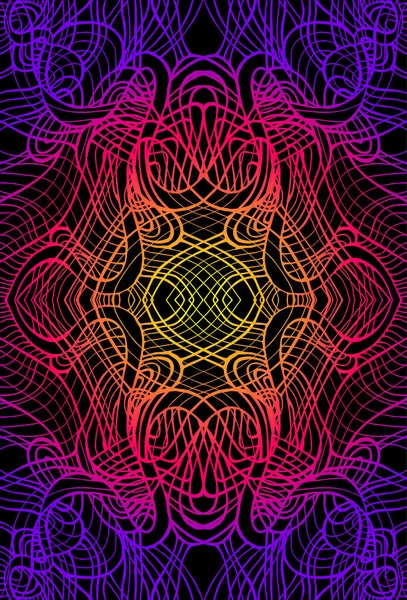 Psychedelic soyut trippy renkli fraktal, degrade Neon renk anahat, siyah arka plan ile. Dekoratif eleman çiçek deseni. — Stok Vektör