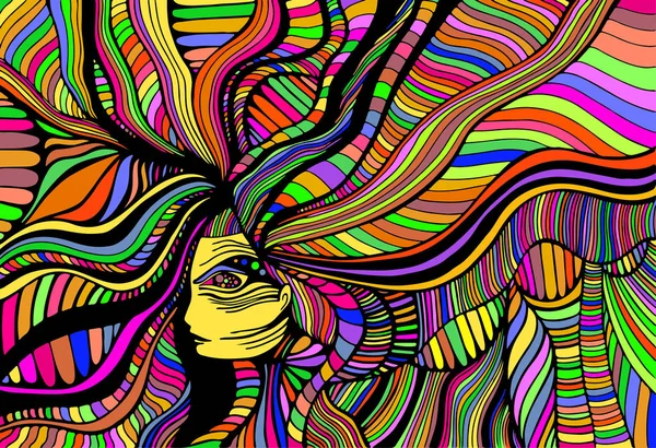 Psychedelic fantasy  beautiful girl. Vector hand drawn illustration with fantastic surreal woman. Creative doodle style. — Stock Vector