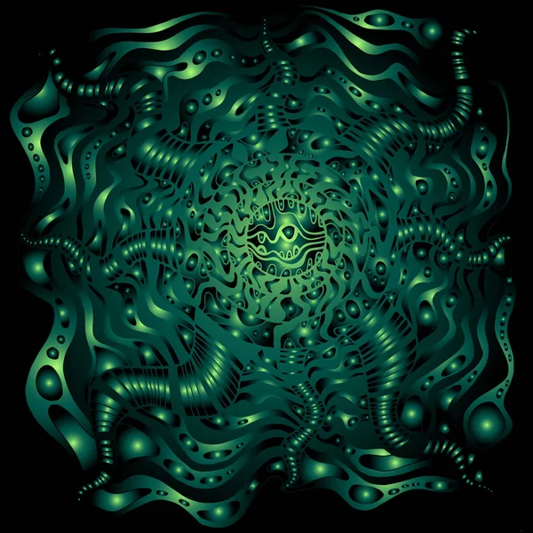 Patrón de fantasía decorativo de estilo cyberpunk, colores verdes degradados sobre fondo negro. Obra dibujada a mano vectorial. Fantástica textura cibernética . — Archivo Imágenes Vectoriales