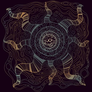 Doodle soyut süs Steampunk arka plan, altın ve gümüş renkler siyah bir arka planda anahat. Grafik tasarım. Vektör el çizilmiş fantezi çerçeve.